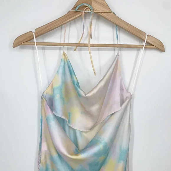 ZARA Satin Tie Dye Camisole Rainbow Side Cinch Strappy Midi Halter Cami Dress - Picture 11 of 15
